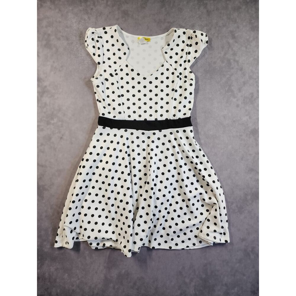 ModCloth Yellow Star Dress Size Large White Black Polka Dot Keyhole Cap Sleeve